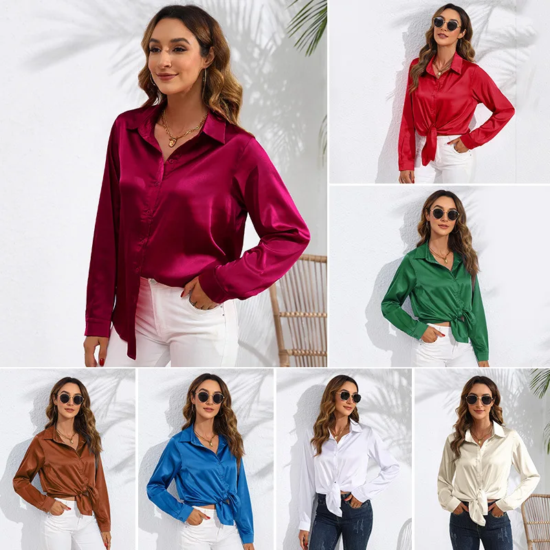 

Women Satin Shirt Long Sleeve Blouse Silky Luster Button Down Top for Party Wedding Evening Wear Business Casual Office