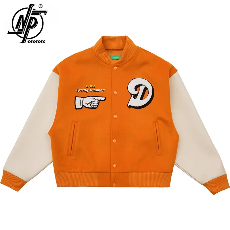 

Hip Hop Varsity Jacket Mens Letters Embroidery Patchwork College Bomber Jackets Womens Harajuku Baseball Coats Orange 2023