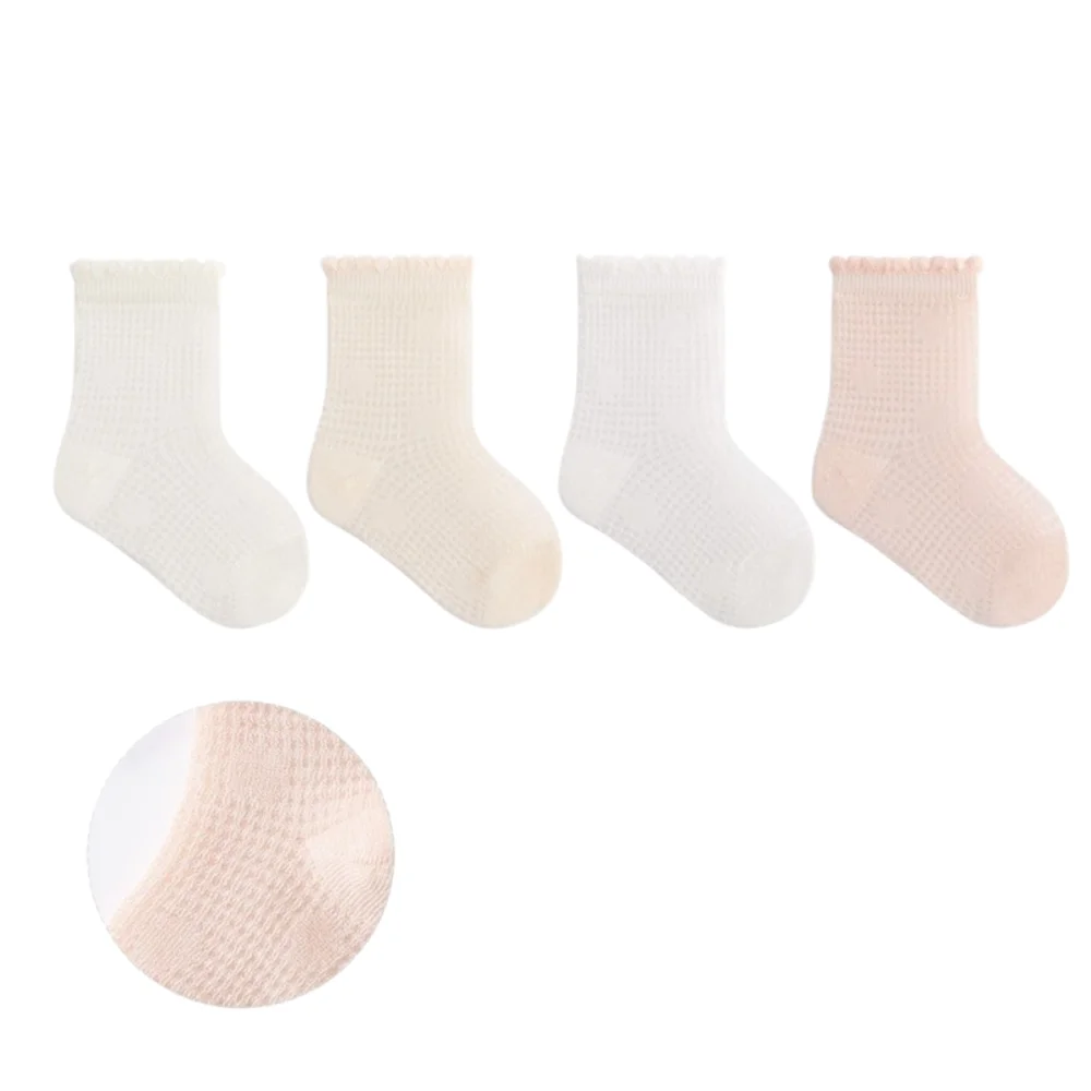 4 Pairs Combed Cotton Newborn Socks Breathable Multi-pattern Baby Mesh Socks Thin Boneless Construction Mid-calf Socks
