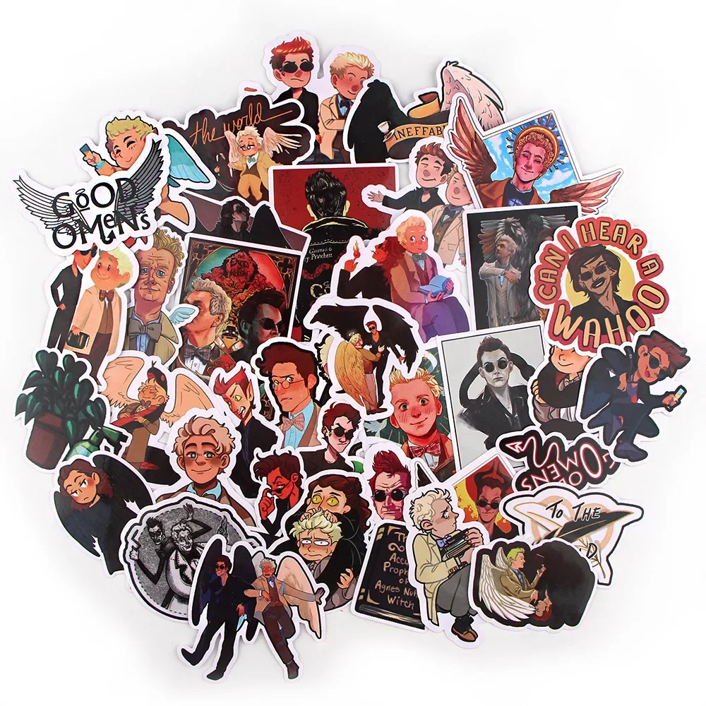 10/19/38PCS Good Omens Stationery Stickers Demon Crowley Angel Aziraphale HD Cartoon Graffiti PVC Decals Kids Toys for iPad Case