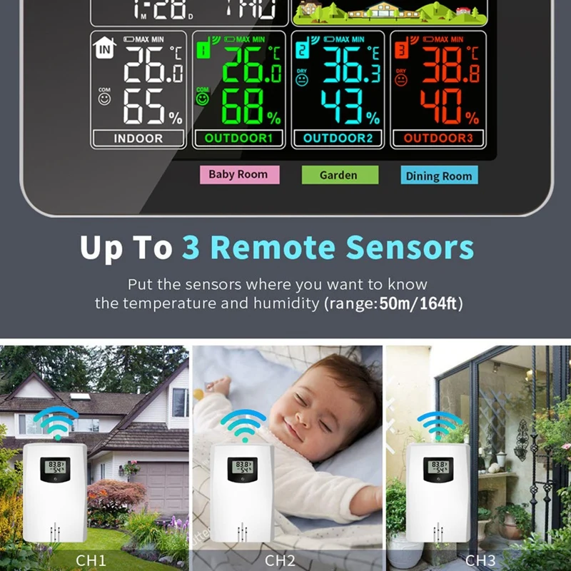Temperatura Humedad Sensor Inalámbrico Higrómetro Termómetro Digital Electrónico In/Outdoor Con Estación Meteorológica Negro