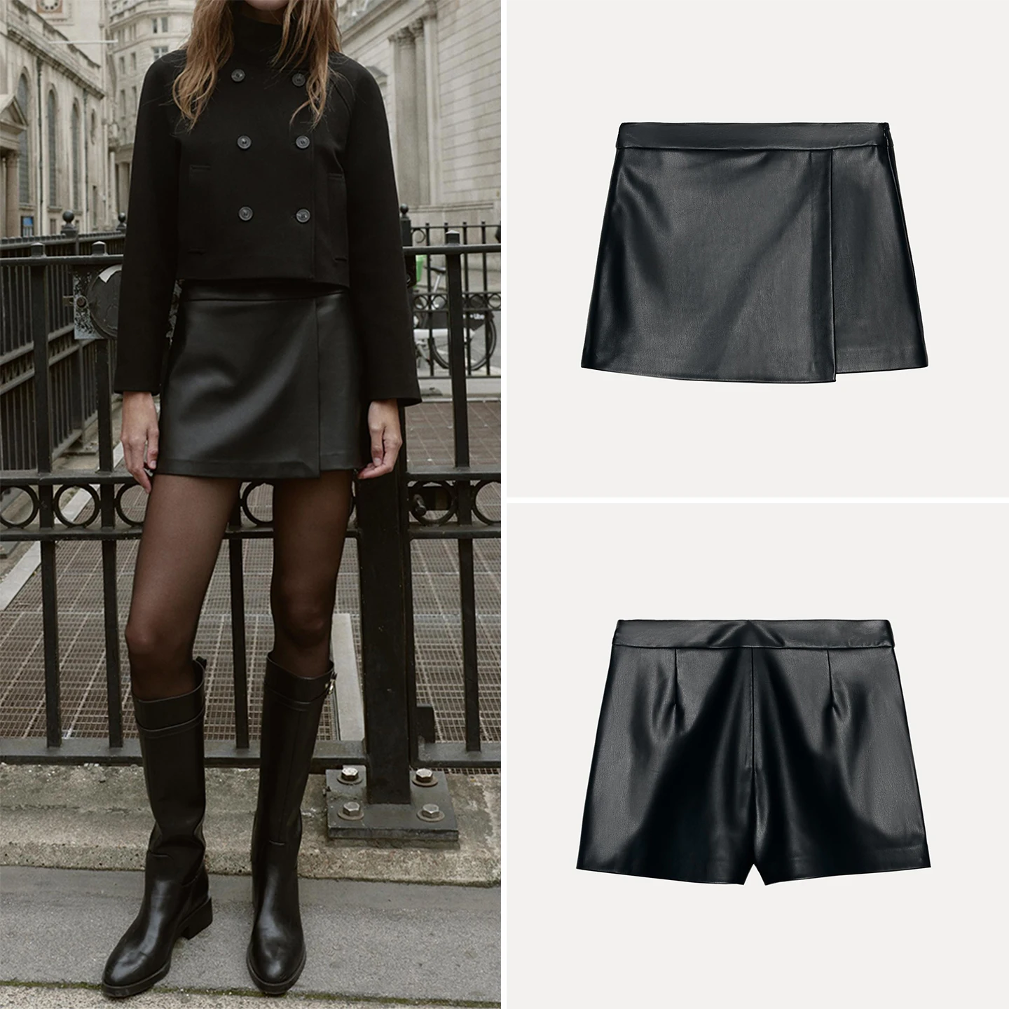 

2025 Autumn New Faion Casual Leather Look Double Breasted Skirt Pants Women's Sle Ele Daily ort Pants Z
