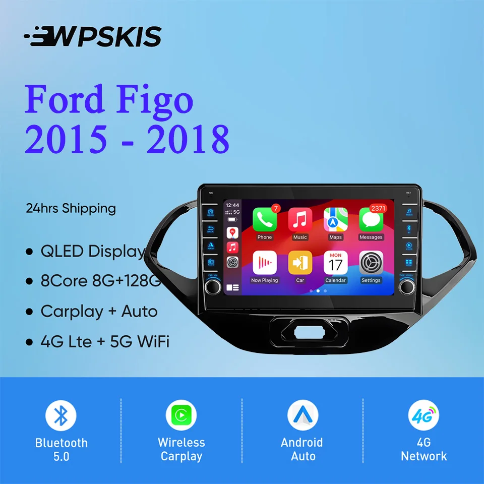 Radio con GPS para coche, reproductor con Android 14, 8GB de Ram, 128GB, QLED, vídeo, Audio, A/V, música, DVD, Navi, para Ford Figo 2015-2018, Carplay, DSP, RDS