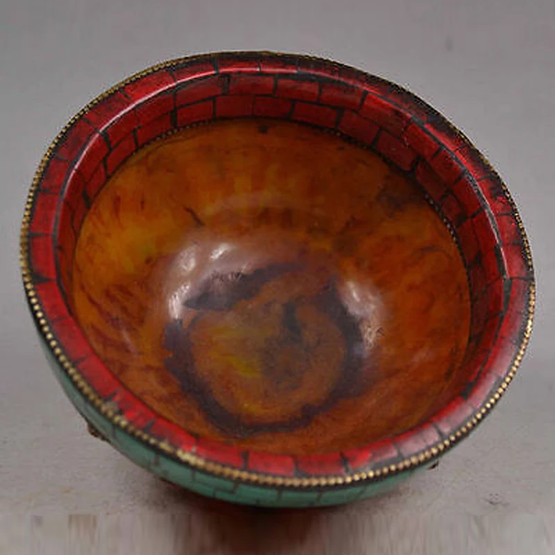 Elaborate Chinese Old Tibetan Buddhism Copper Handmade Inlaid with Artificial Ruby Beads Ornament Bowl