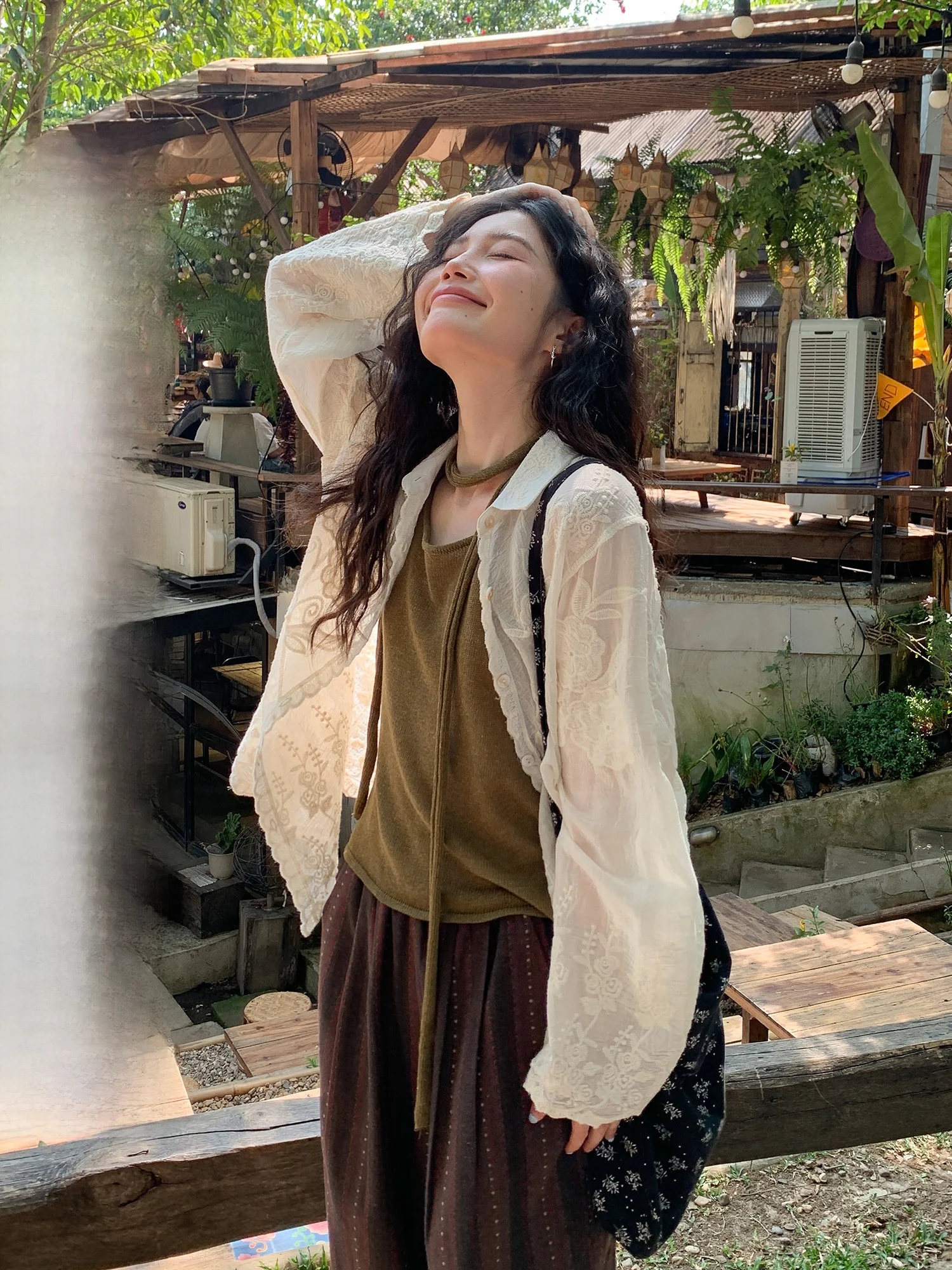 

French Style Embroidered Micro Transparent Shirt Collar Loose Fit Long Sleeve Women's Shirt Two Pieces Set Summer Collection