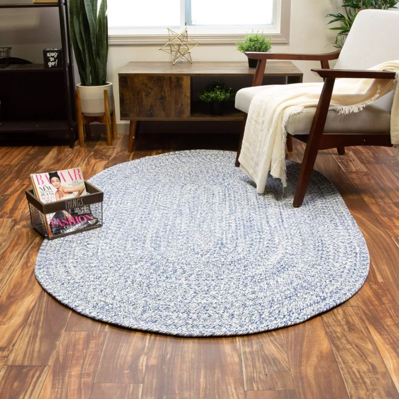 

Farmhouse Braided Rug Cotton Kitchen Reversible Carpet, Blue & White, 8' X 10' Oval