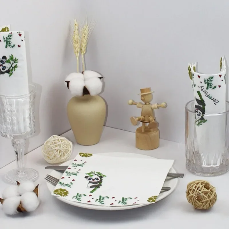 20pcs 33 * 33cm 2Layer Chinese Element Napkins Panda Bamboo Leaf Printed White Disposable Table Mat DIY Decoupage Paper