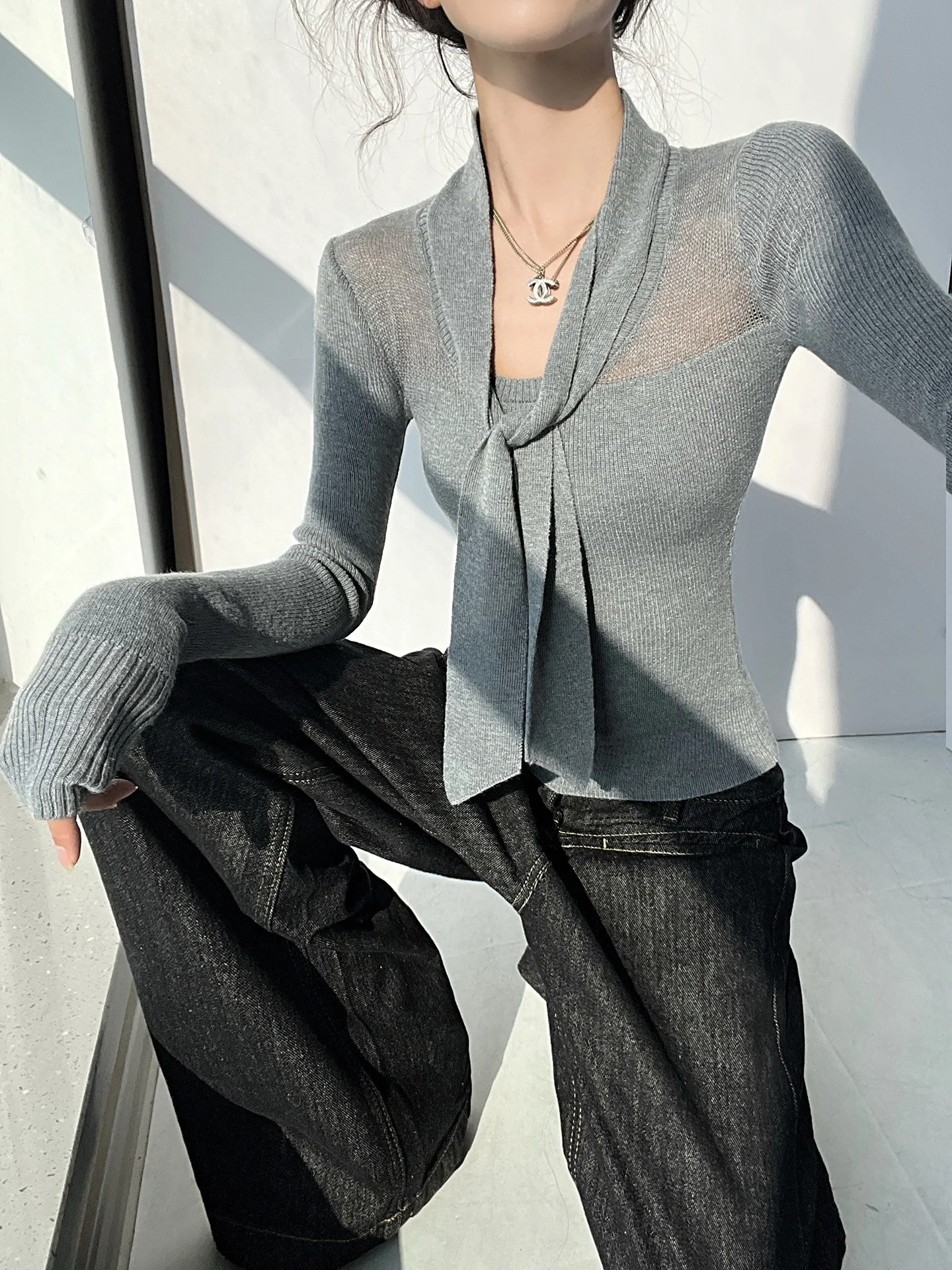 MianCun Korean Style V-Neck Knitwear Women's Slim Fit with Sash Design Sensation Autumn Fashion Top Half Transparent