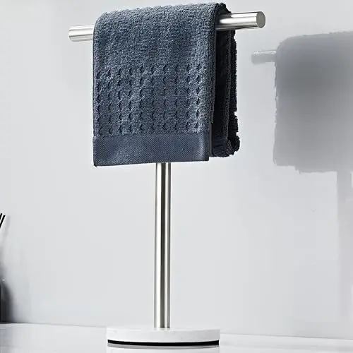 

Brushed Nickel T-Bar Freestanding Towel Holder With Marble Base, 15 Inch Countertop Rack For Bathroom And Kitchen
