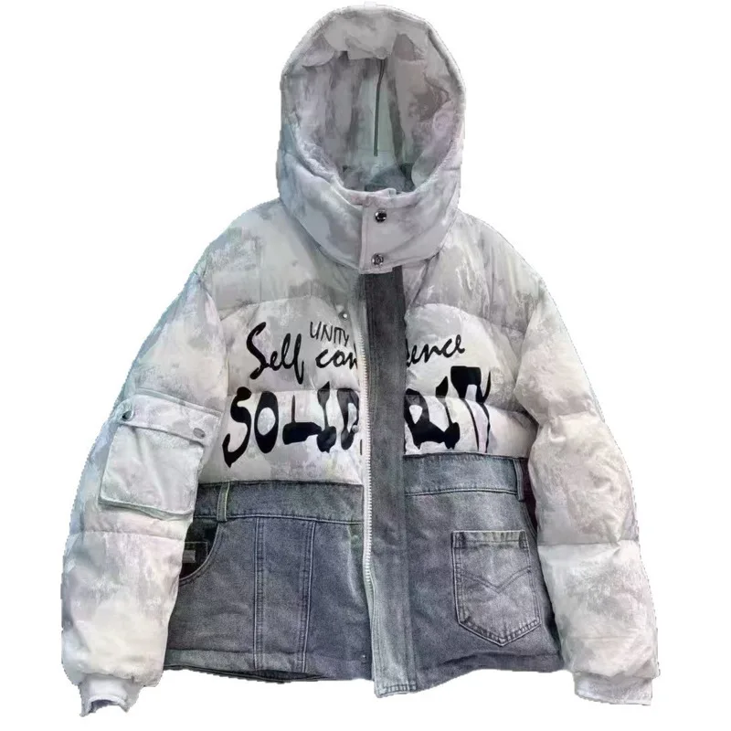 ANJY 2025 شتاء جديد المرأة موضة الشارع الشهير الدنيم المرقعة مقنعين أسفل سترة الاتجاه عادية شيك Ins المد معطف مبطّن A15003