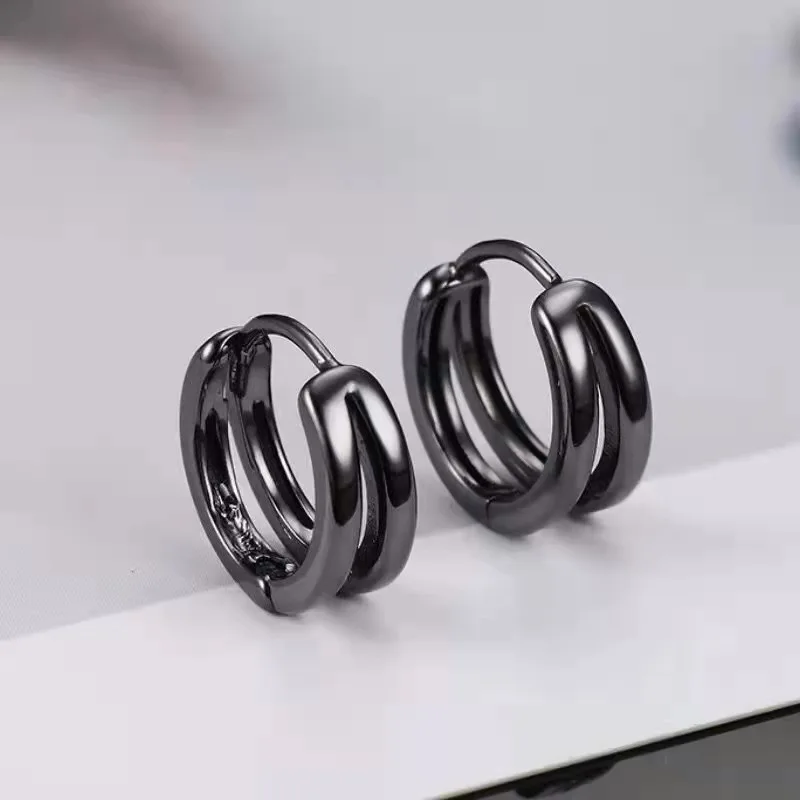 RAKOL Hollowed Out Double Ring Hoop Earrings For Men Black Cool Handsome Single Stud Earring Jewelry