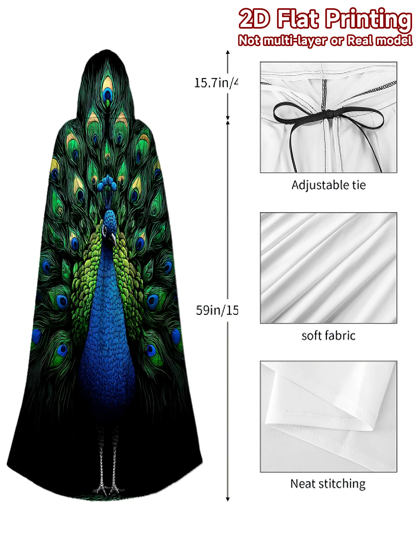 Customization 1pc Majestic Blue Peacock Pattern Hooded Cape | Costume Cloak For Cosplay, Halloween, Carnival Parties-Themed Even