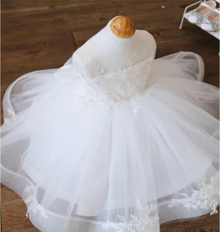 Baby Dress Girls 1 year Birthday Infants Lace Tulle Beaded Princess Dress big Bow Baptism Gown New Born 1 Year