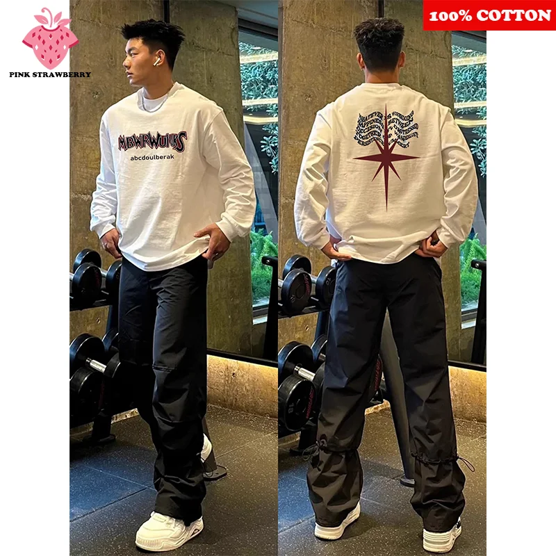 

American Hiphop Street T-shirt Men Autumn 2025 New 100% Cotton Long sleeved Round neck White T-shirt Y2k Tops Youth Men clothing