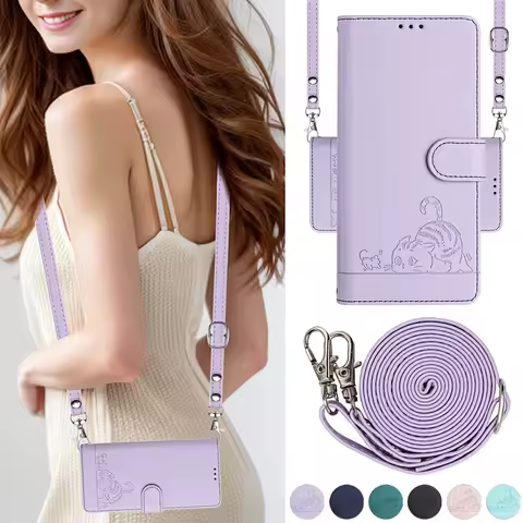 Crossbody Cat Leather Case For Samsung Galaxy A04 A04S A12 A13 A14 A22 A23 A24 A32 A33 A34 5G A42 Long Lanyard Wallet Card Cover