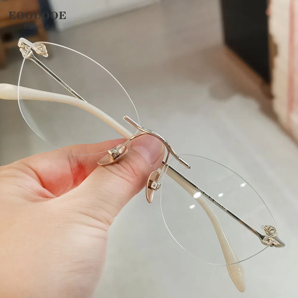 

Ladies' High-End Optics Rimless Glasses Frame Pure Titanium Myopia Hyperopia Progressive Prescription Lenses Cat's Eye Oculos