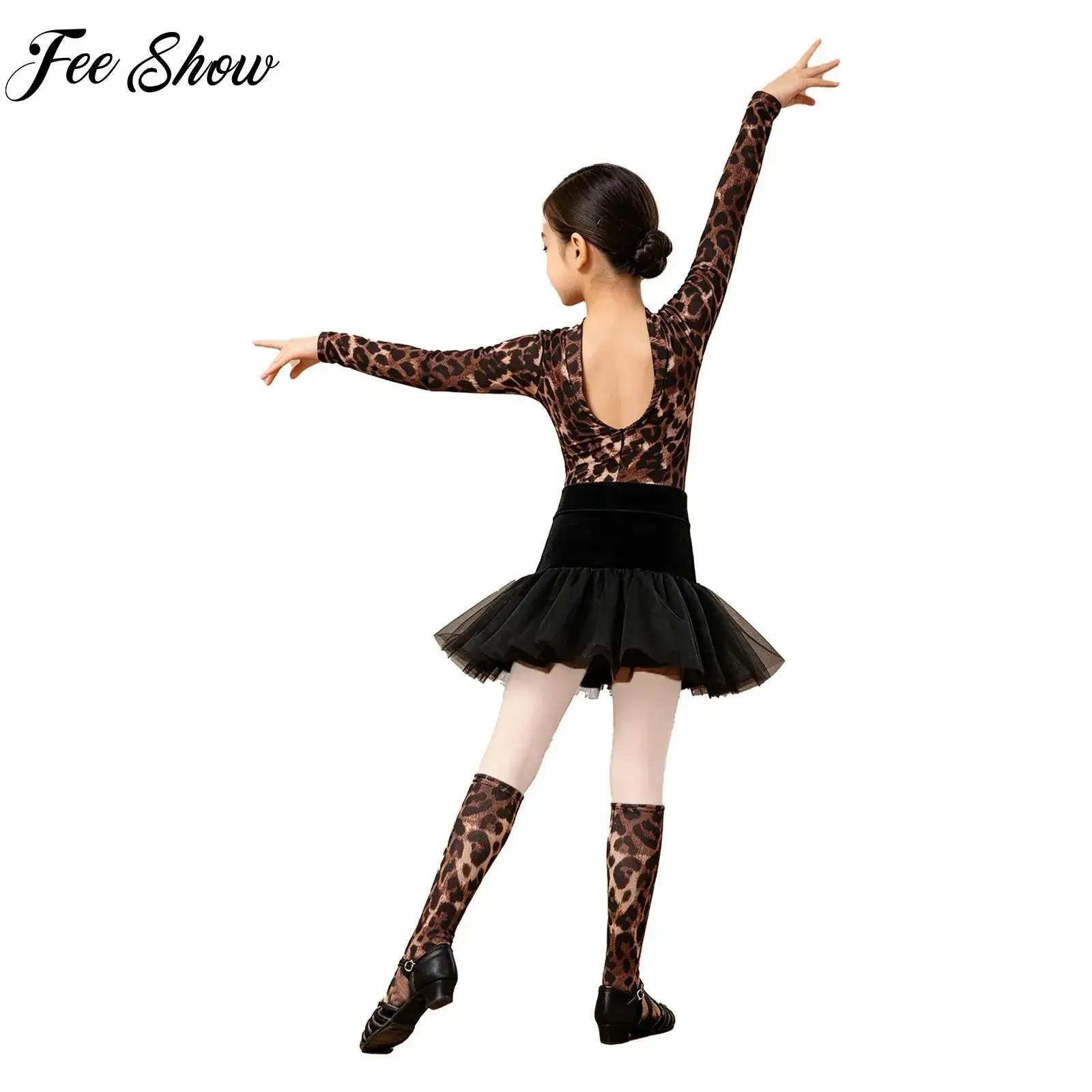 3Pcs Children's Latin Dance Dress Leotard Skirt Socks Leopard Pattern Long Sleeve Top Training Skill Table Performance Dress