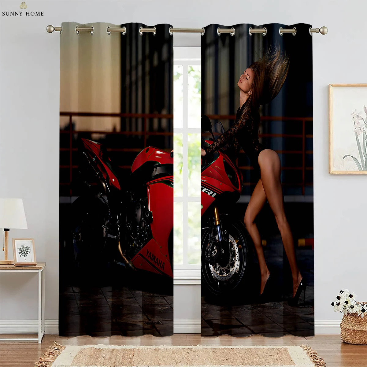 Racing Beauty Motorcycle 3D Printing Rod Pocket Curtains Bedroom Living Room Kitchen Decorative Curtains 2 Pieces