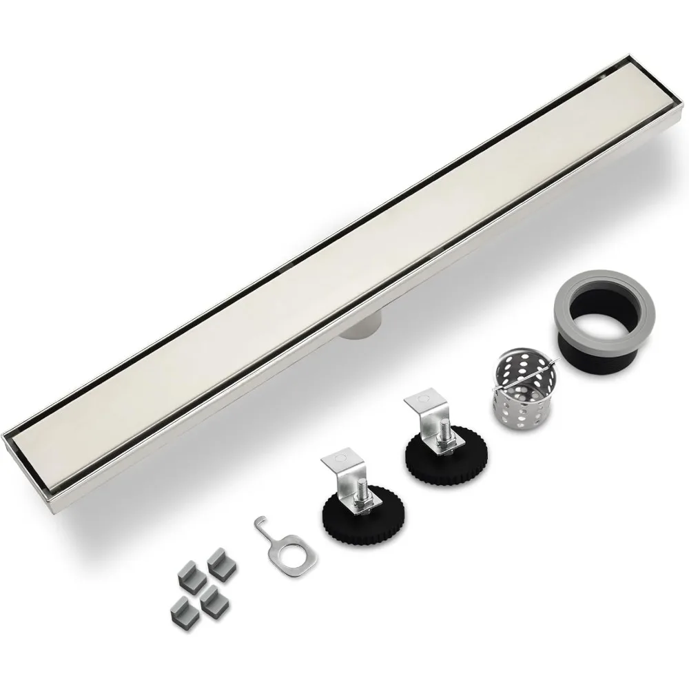 Desagüe de ducha rectangular de acero inoxidable, 32 pulgadas, acabado cepillado, cubierta con patrón de azulejo Reversible, diseño lineal para suelo de ducha