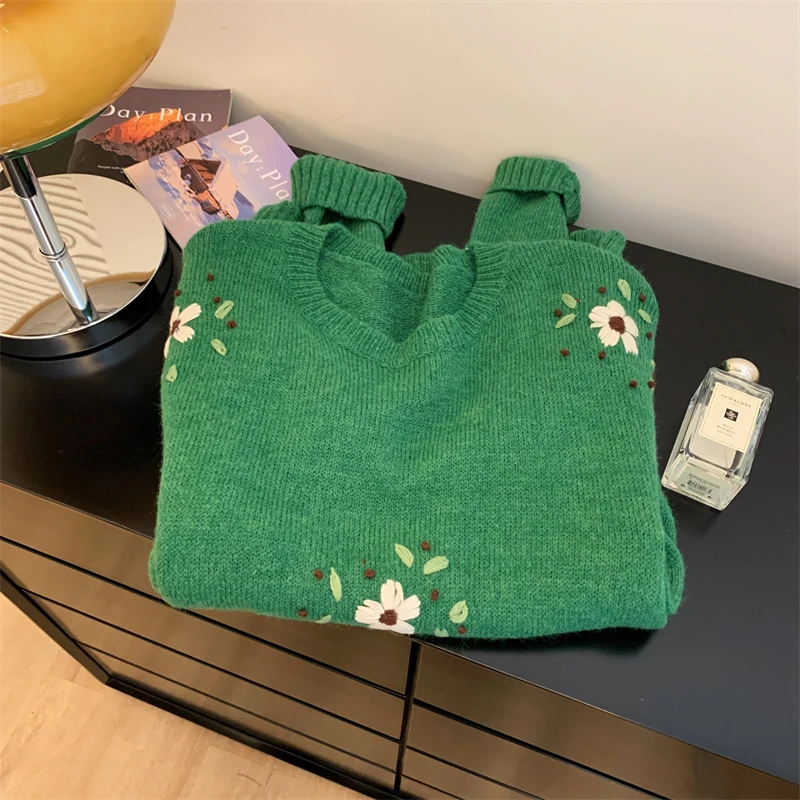 Vintage Floral Sweater Women Flower Embroidery Knitted Pullovers Streetwear Korean O Neck Knitwear Harajuku Sweet Loose Jumpers