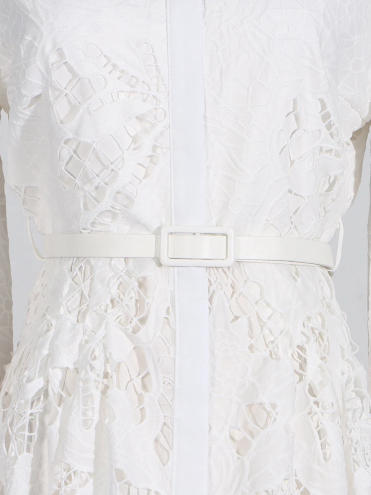 Elegant Hollow Out Embroidery Dresses For Women Lapel Long Sleeve HighWaist Spliced Belt Temperament Dress Fashionwoman clothing