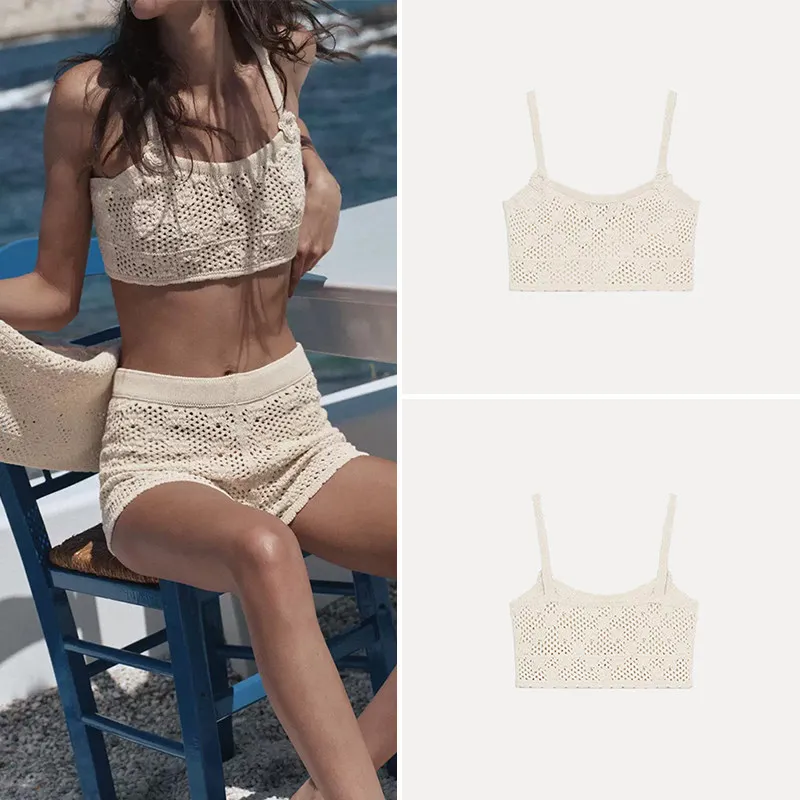 

Fashionable Floral Embroidered Mesh Short Strap Top Women's Summer Clothing Breathable Lightweight Vest Outerwear ZADATA Brand