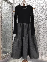 One Piece Dress 2024 Autumn Winter Style Women High Quality Knitting Patchwork Beading Long Sleeve Mid-Calf Length Black Dress
