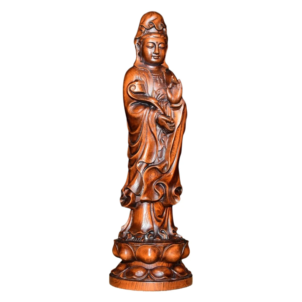 Figurine chinoise sculptée, Statue en bois sculpté, décor bouddhiste Guanyin, artisanal, compassion traditionnelle, bénédiction de la paix