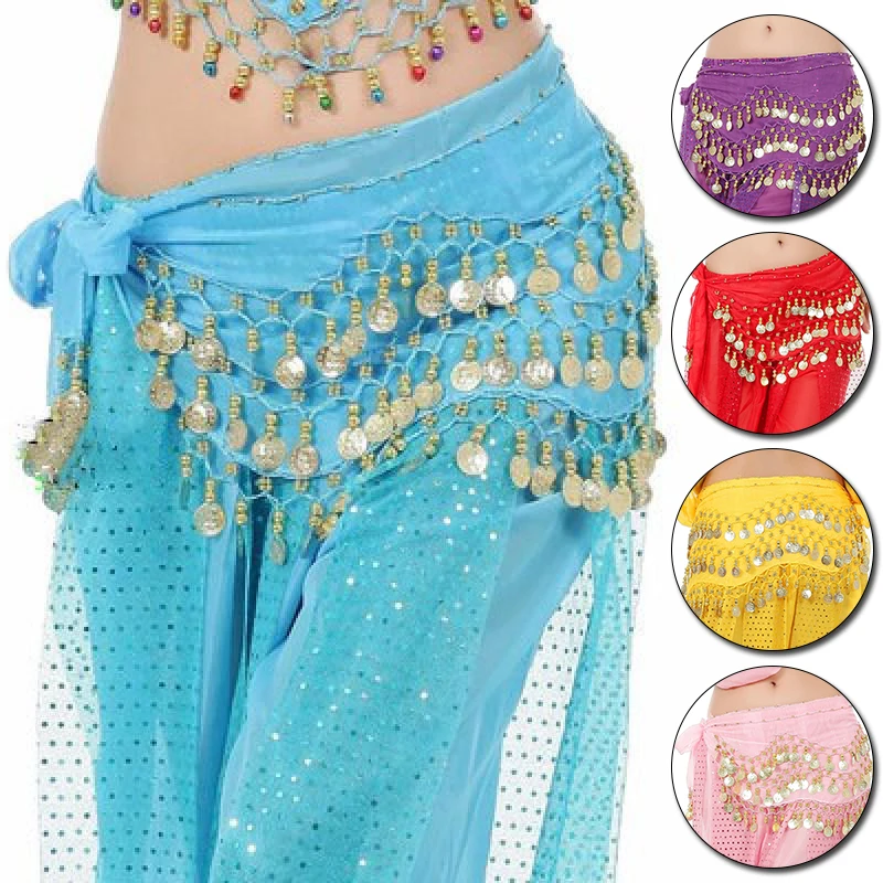 Sexy Women Belly Dance Hip Scarf Wrap Belt for Thailand/India/Arab Dancer Skirt Dancer Tone Coins Waist Chain Sequins Tassels