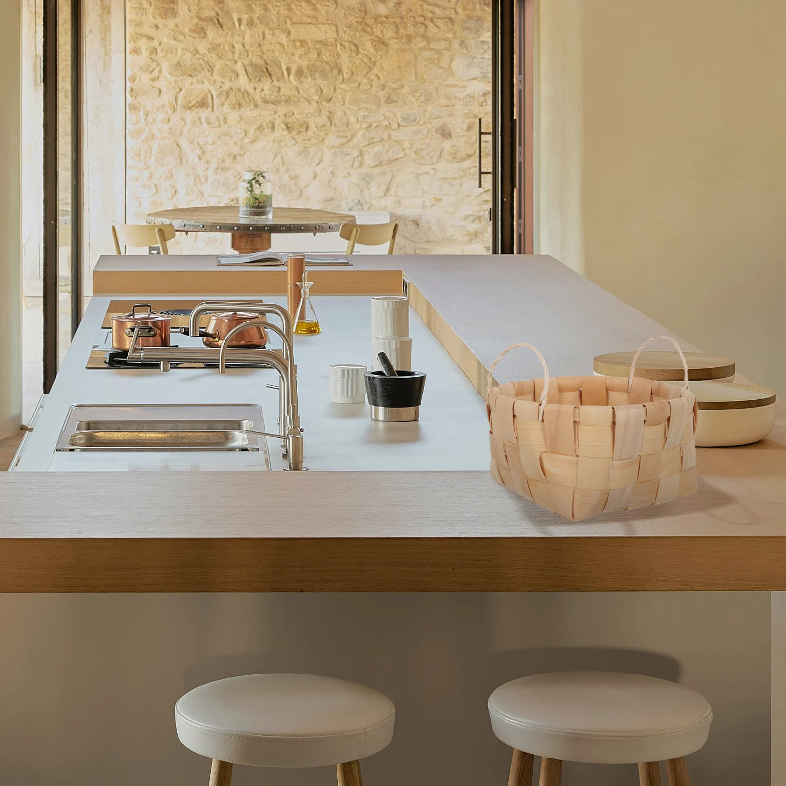 

Japanese Wood Chip Basket Woven Storage Snack Food Drink Organizer Handle Pantry Fruits Vegetable Garden Party