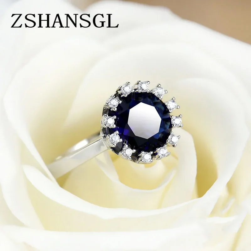 New Arrival 925 Sterling Sliver Round Cut Design Blue Zircon Crystal Finger Rings Fashion Rings for Women Jewelry Gift Anillos