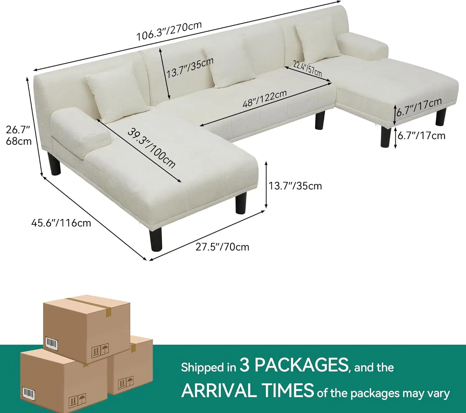 Sofá Seccional de chenilla en forma de U para sala de estar, moderno, con puertos de carga Usb y tipo C, doble Chaise