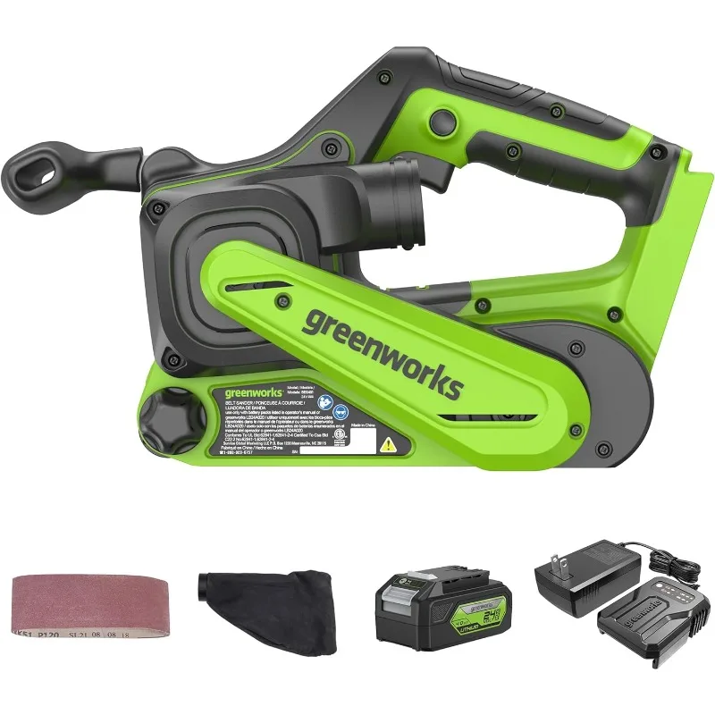 

Greenworks 24V Brushless Cordless 3in. x 18in. Belt Sander Kit with Dust Bag and 60 Grit Sandpaper, Portable Battery Powered Bel