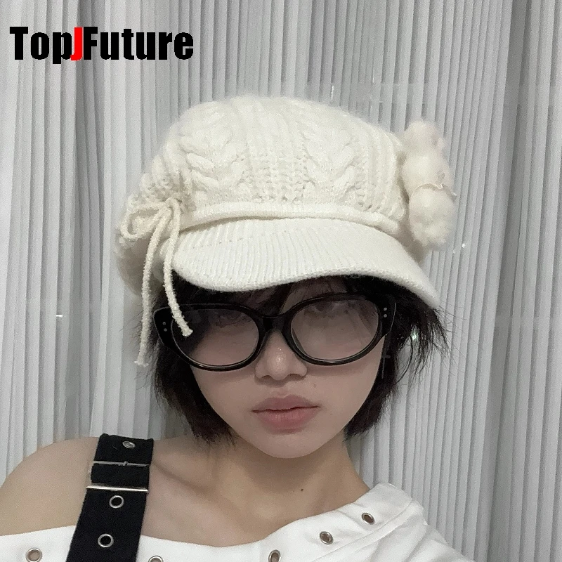 Subculture Y2K Girls Japanese Cute Ladies Octagonal Hat Plush rabbit Skull Head Water Diamond bow pin Knitted yarn cap hat