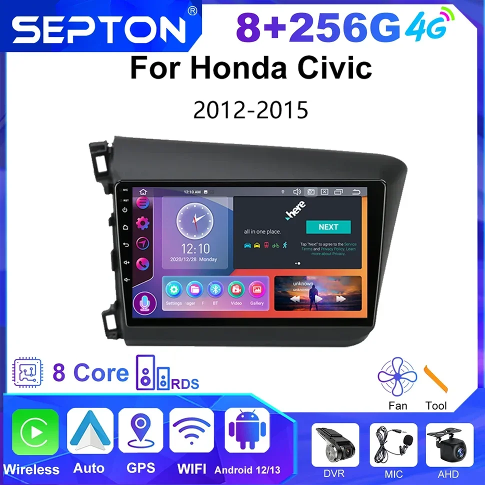 

SEPTON Car Radio for Honda Civic 2012 2013 2014 2015 Multimedia Player 2din Carplay Navigation Stereo GPS Android 12 Autoradio