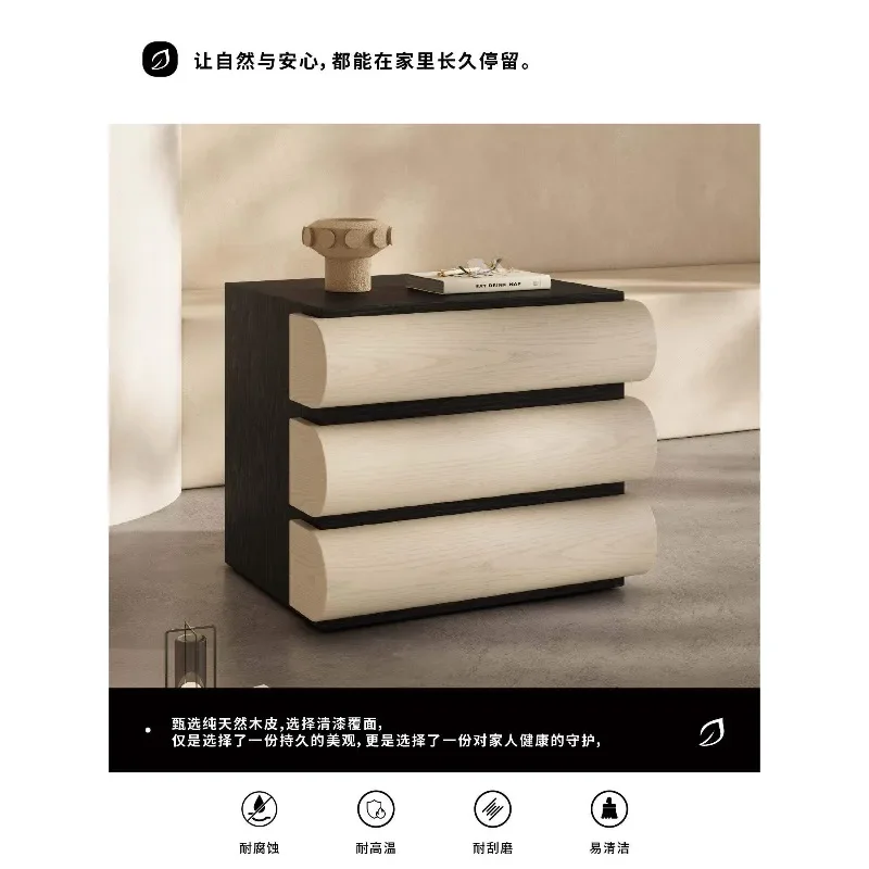 Three-layer modern simple bedside table solid wood arc edge design locker log color black and white contrasting color Nordic sty
