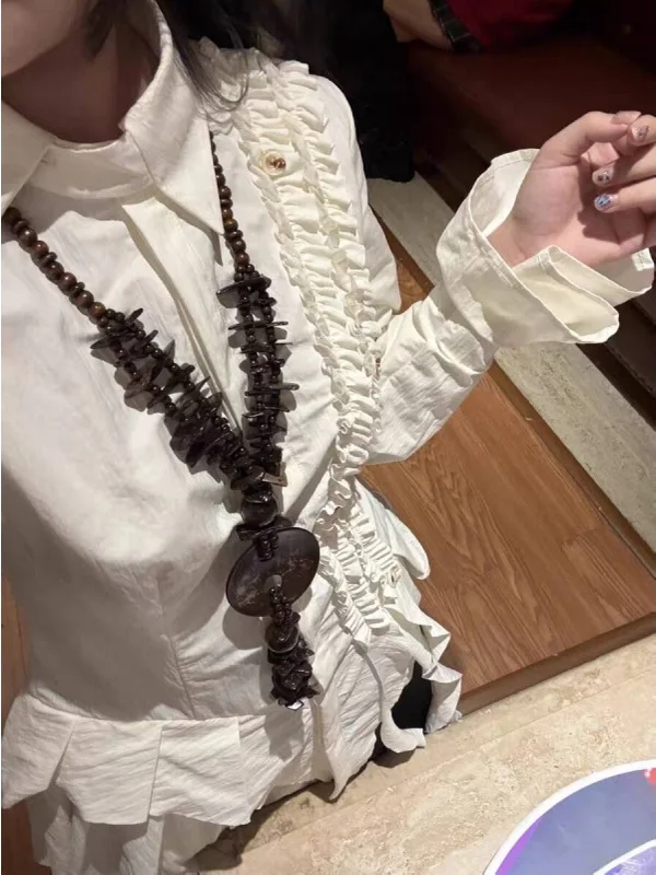 

Asymmetrical Waist-Cinching Long Sve White irt for Women with Lace Trim Design Casual Loose Fit Autumn Winter irt