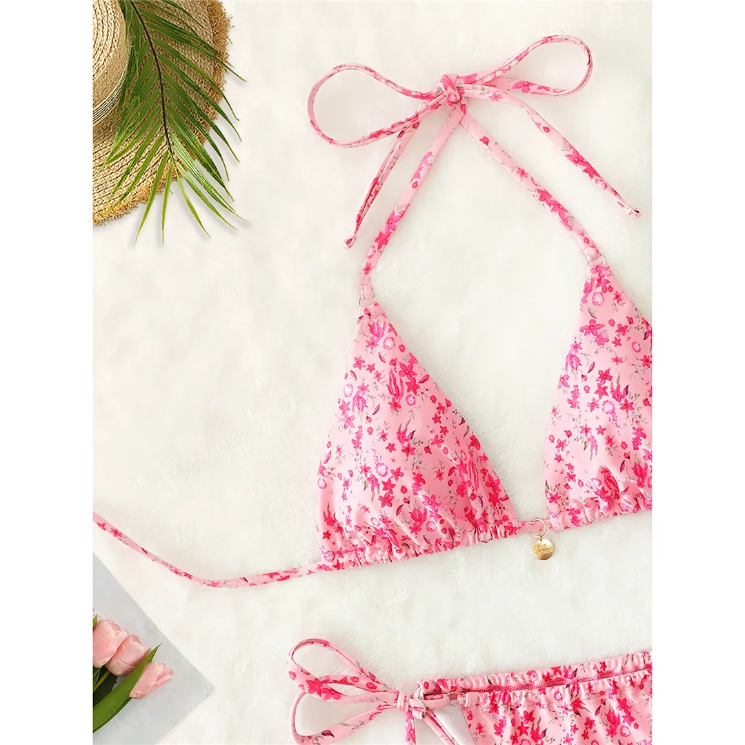 Blumenmuster-Bikini mit seitlichem Schnürband, Damen-Badeanzug, zweiteiliges Bikini-Set, Badebekleidung, Badeanzug, Modell V6437. – Detail 5