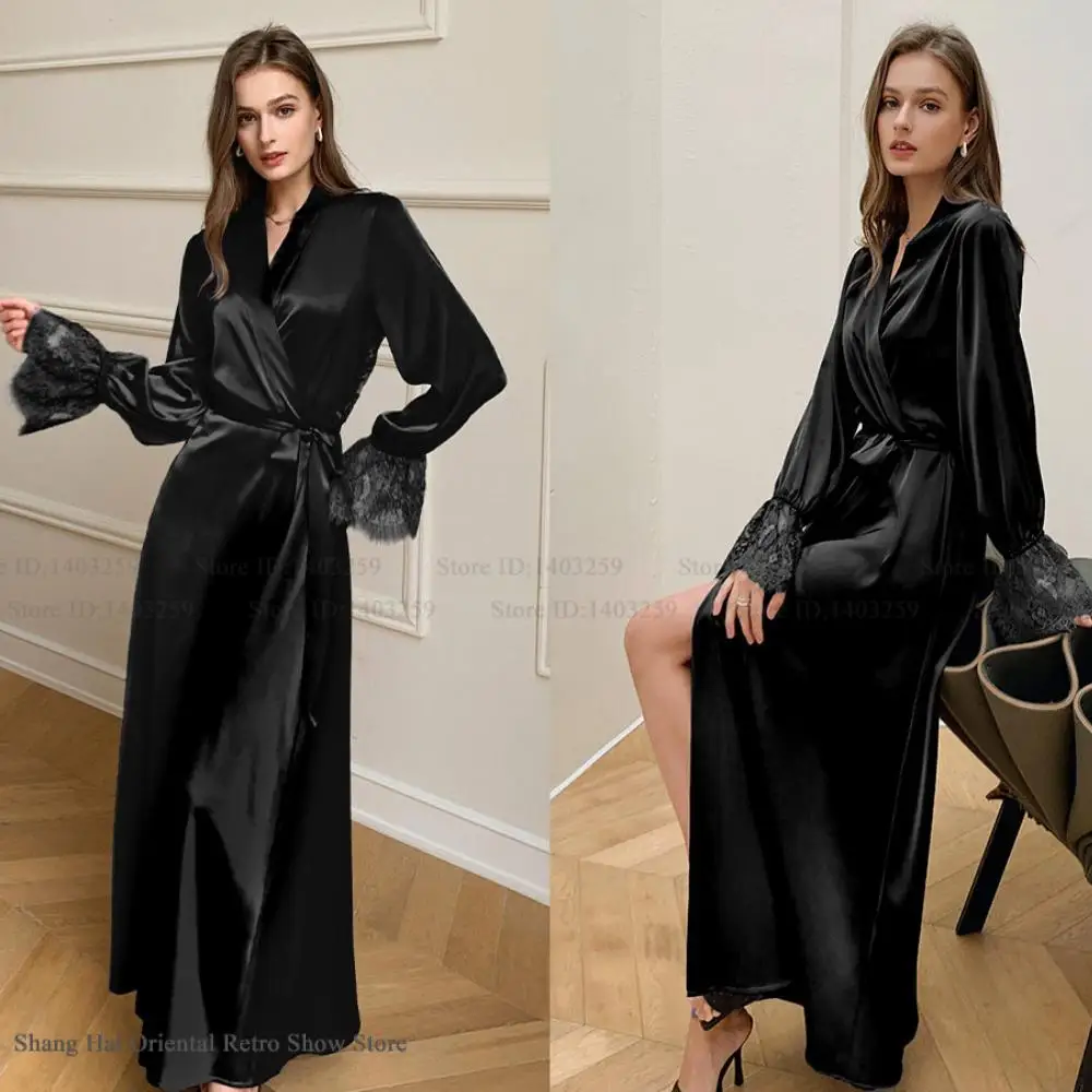 Women Long Kimono Bathrobe Nightgown Sexy Backless Lace Bride Wedding Robe Dress Ice Silk Female Sleepwear Loungewewar Homewear view 4