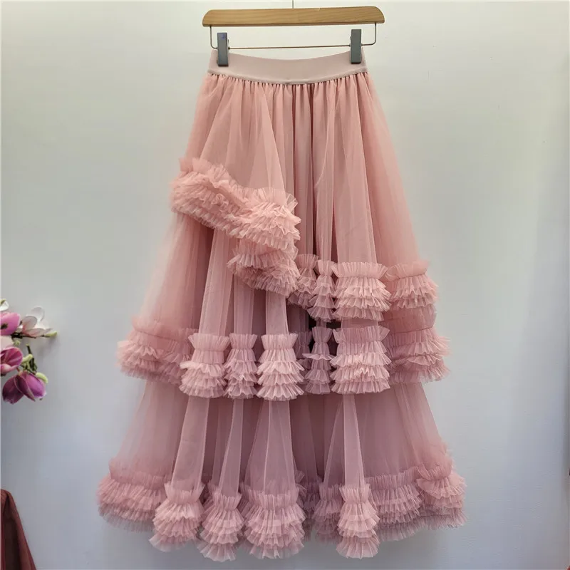 Ruffle Layered Spliced Irregular Mesh Skirt Women High Waist Elastic Waist Solid Color Wavy Cake Midi Skirt