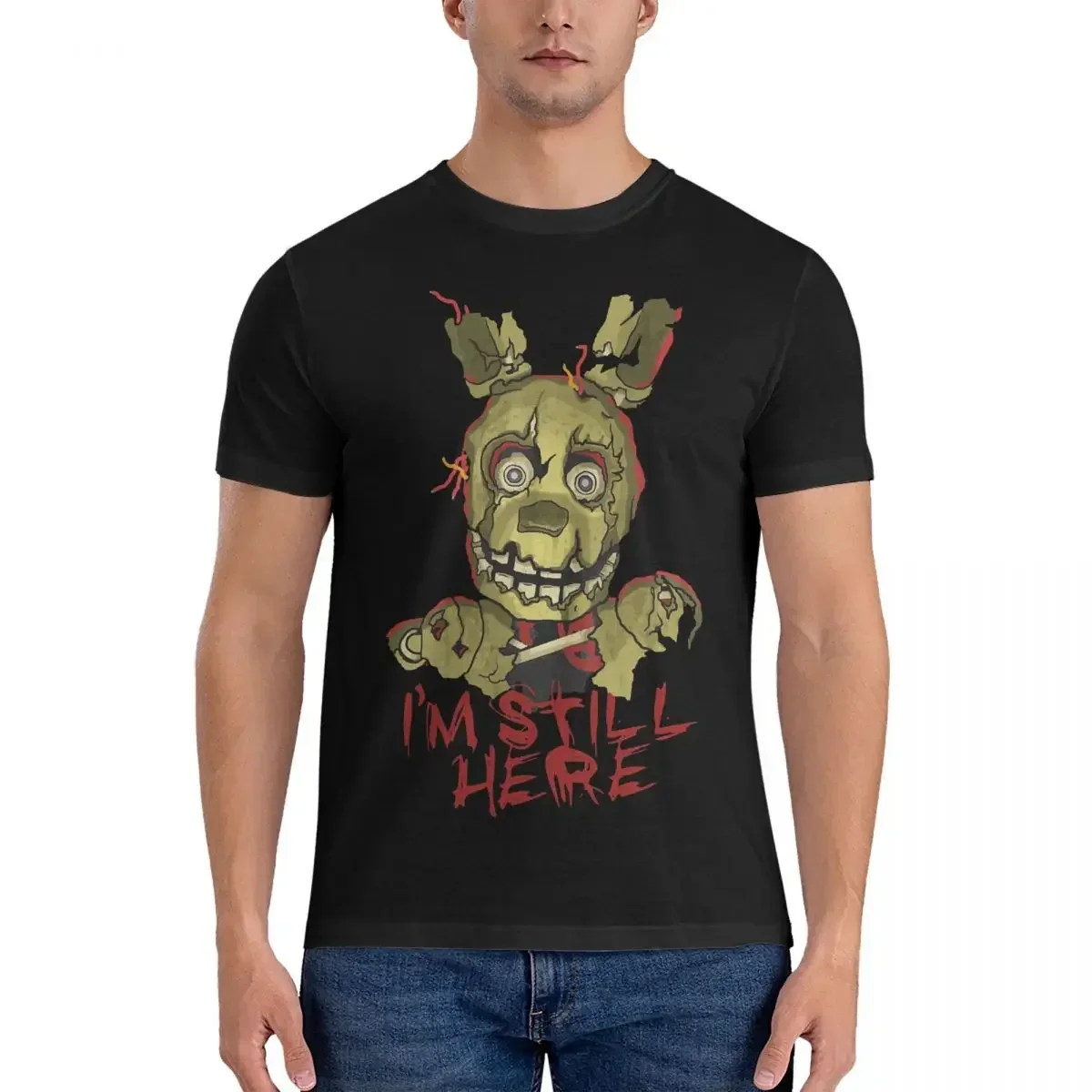 Vintage Springtrap I'm Still Here T-Shirts for Men Round Neck Cotton T Shirts FNAF Short Sleeve Tees Printing Clothes