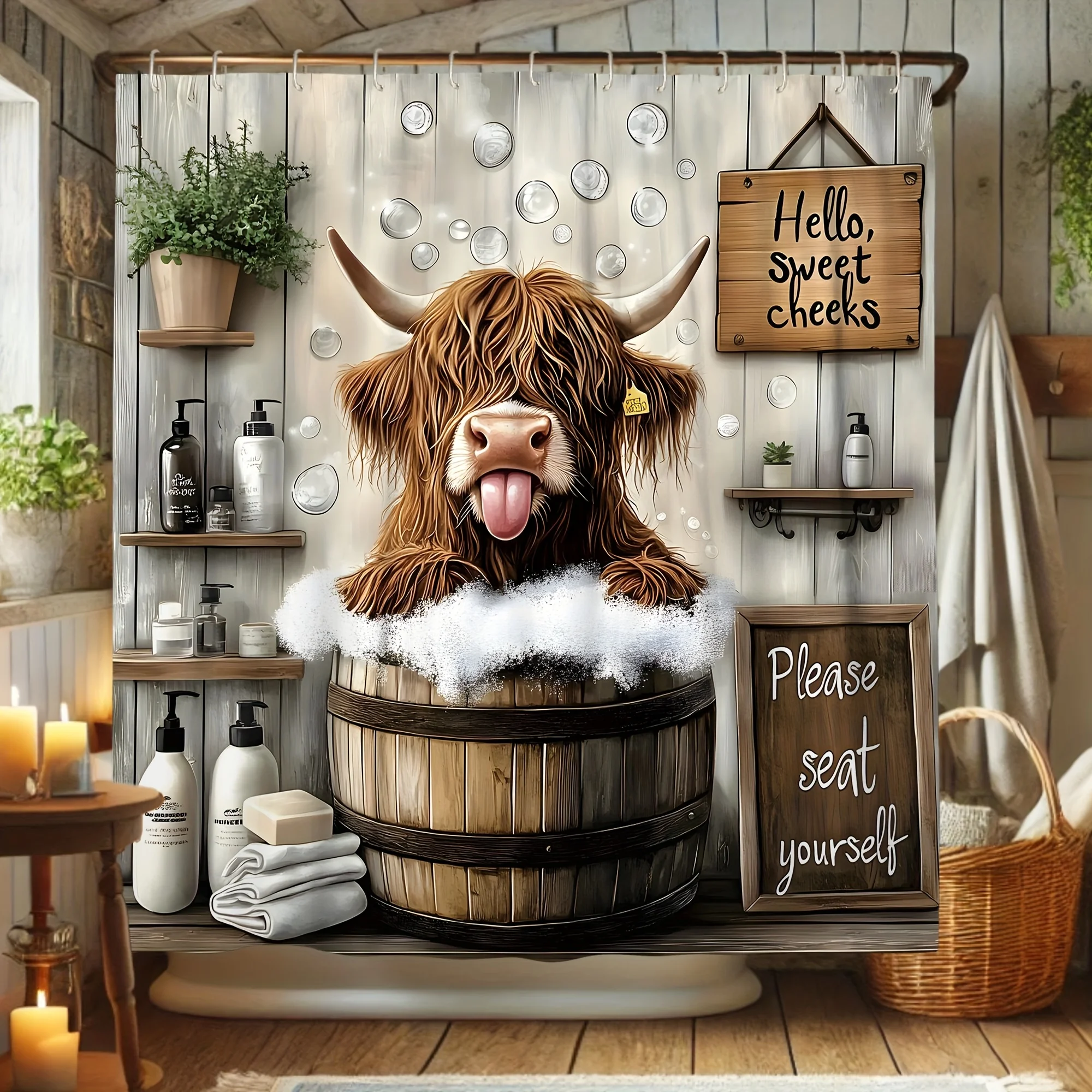 funny highland cow in wooden tub with bubbles shower curtain rustic farmhouse bathroom decor humorous animal art design