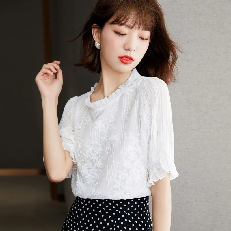 Short Sleeve Embroidery Chiffon Women Blouse Casual Elegant White Stand Collar Tops Summer Hollow Out Shirt