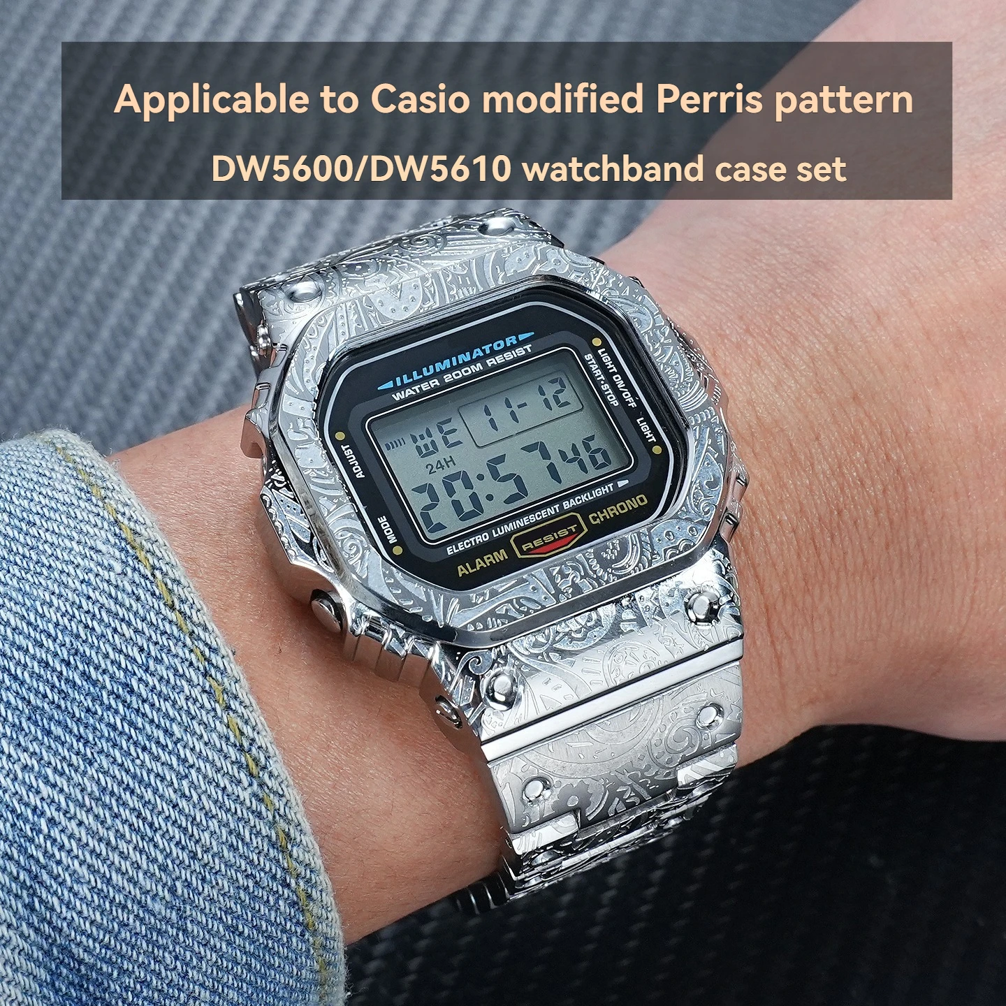 Customized DW-5600 Band and Case Compatible with Casio GW-M5610 Retro Engraved Stainless Steel Case and Band Set Accessories