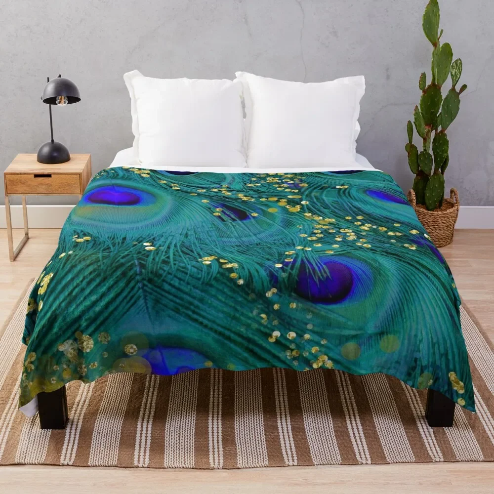 

Dreamy peacock feathers, teal and purple, glimmering gold Throw Blanket Bed covers Camping Luxury Thicken Giant Sofa Blankets