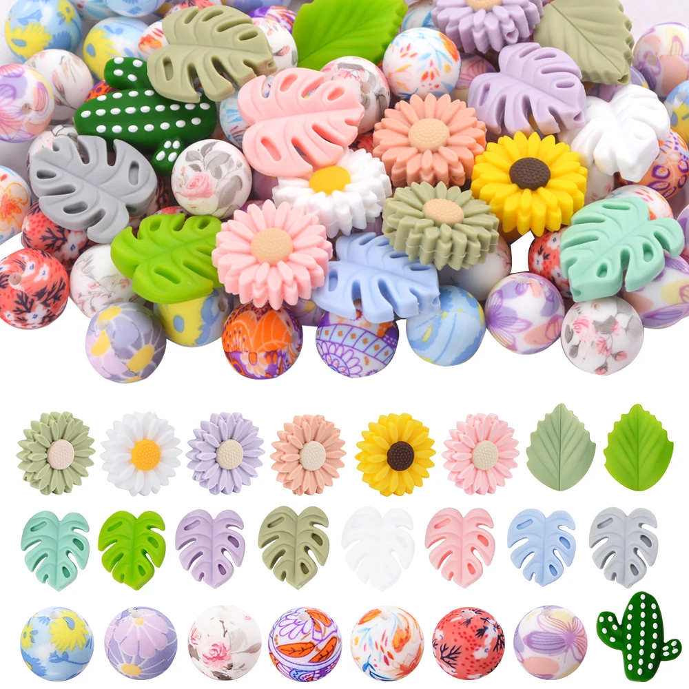 LOFCA Silicone sunflower Beads Plant silicone printed Round beads  used to make Bracelet keychain Necklaces Jewelry accessories