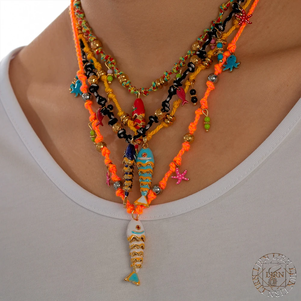 

2025 New Necklace Summer Colorful Fish Stainless Steel Trendy Metal Jewelry Handmade Colored Rope Choker Women Accessories Gift