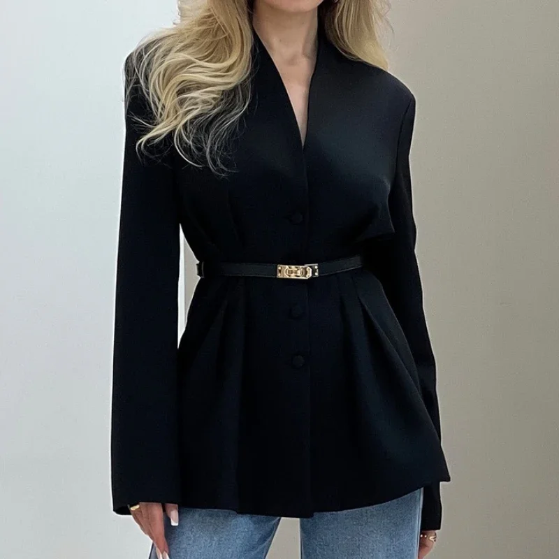 

Waist-Defining Blazer 2025 Autumn Winter New V-Neck Waist-Defining Elegant Commuter Blazer for Women