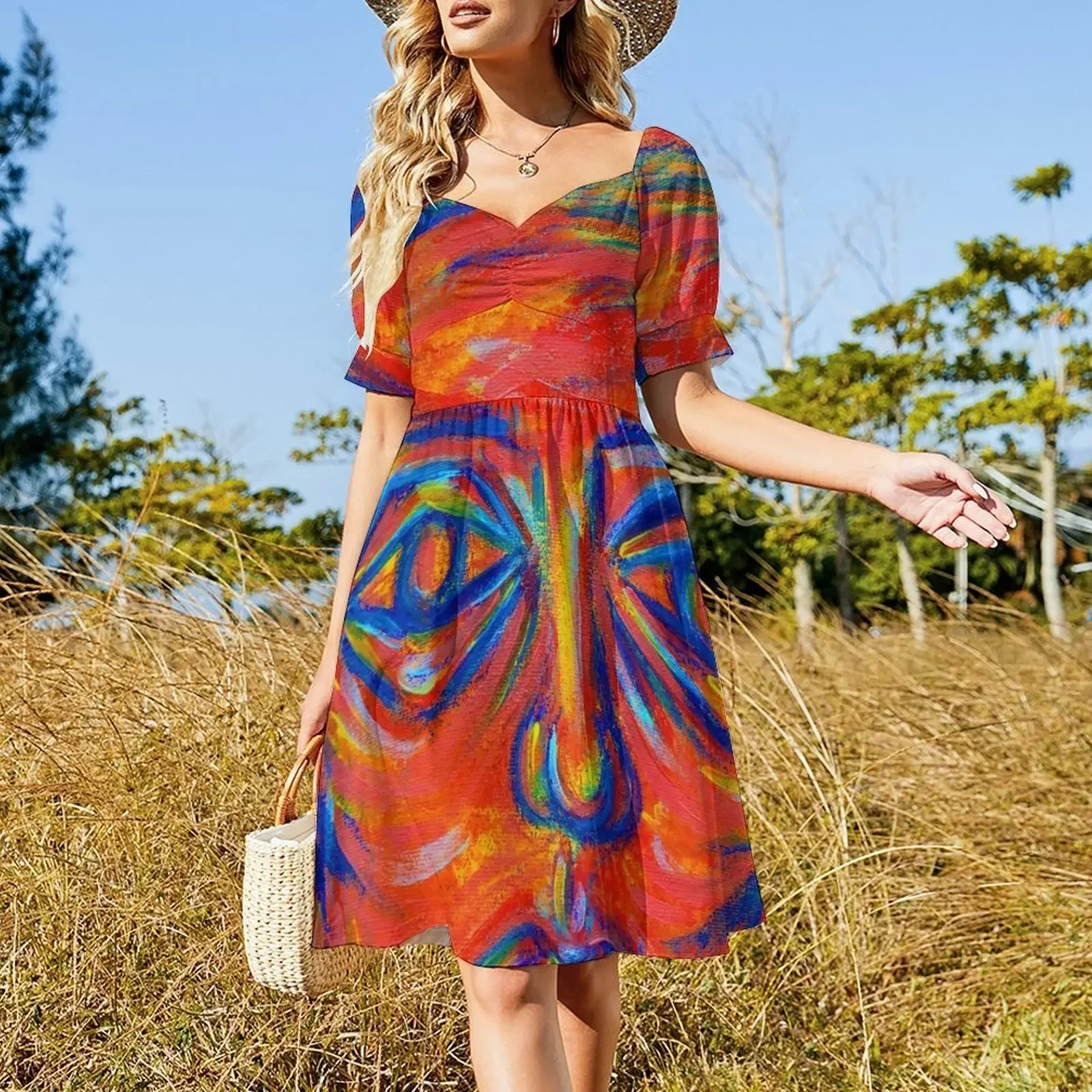 Abstract colorful acrylic portrait over poured paint focus Sleeveless Dress dress for woman Dress