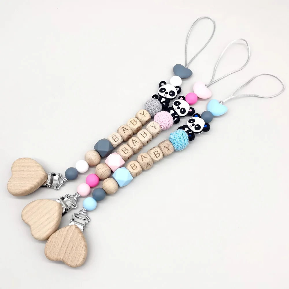 木製のパーソナライズされたベビーおしゃぶりチェーン、かわいい動物デザインのおしゃぶりクリップ、赤ちゃん用 - 安全なおしゃぶりホルダー